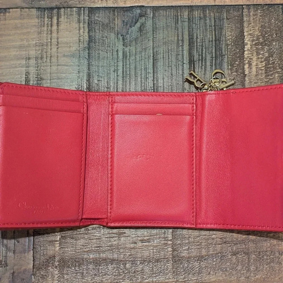 Authentic Christian Dior Lady Dior Cannage Trifold Wallet Lamb Skin Red - Picture 4 of 14